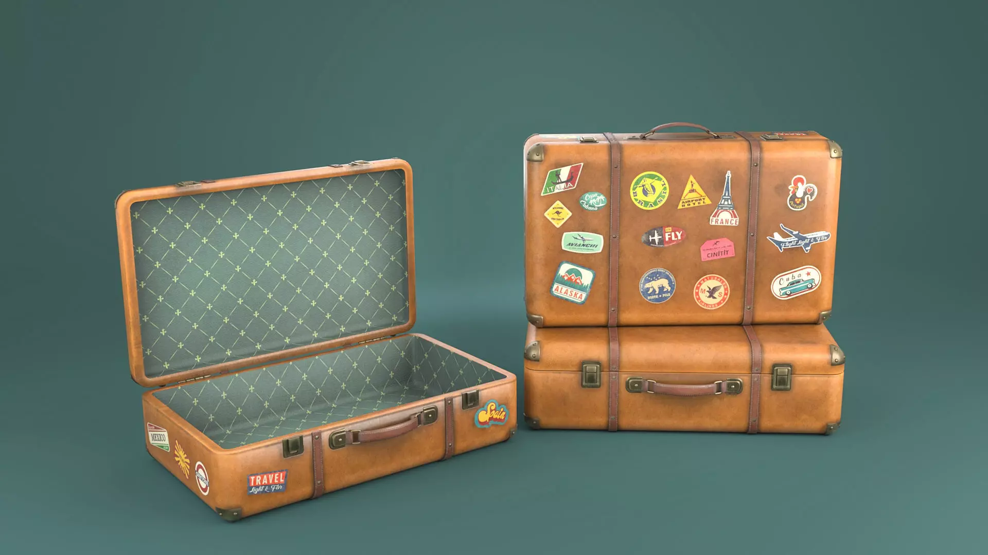 Vintage travelling suitcases lowpoly Low-poly 3D model_0