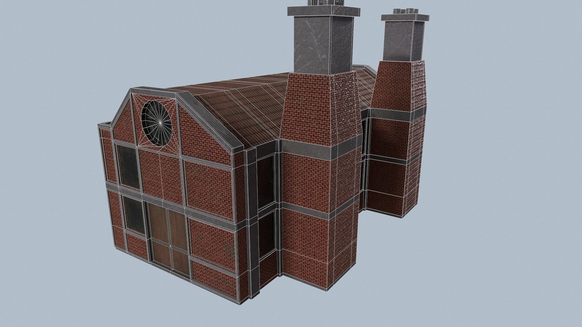 Factory brick building with two chimneys Low-poly 3D model_6