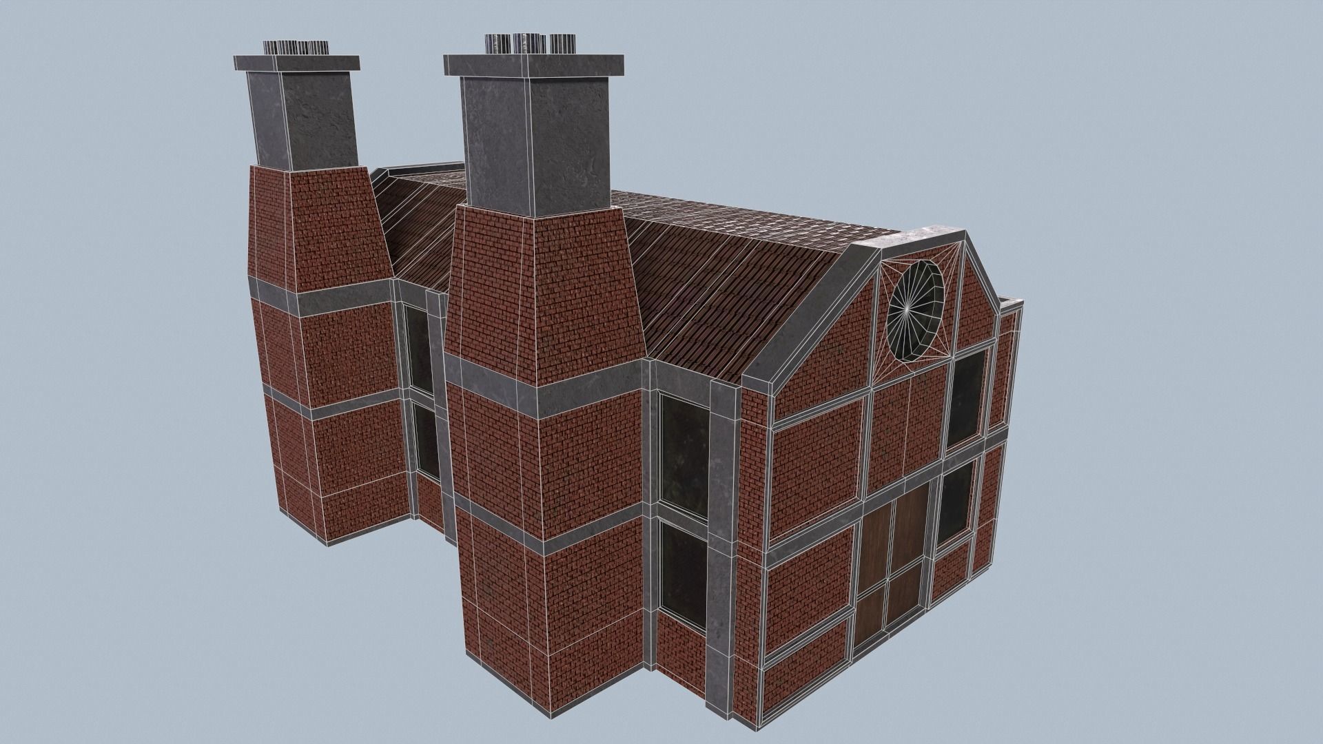 Factory brick building with two chimneys Low-poly 3D model_10