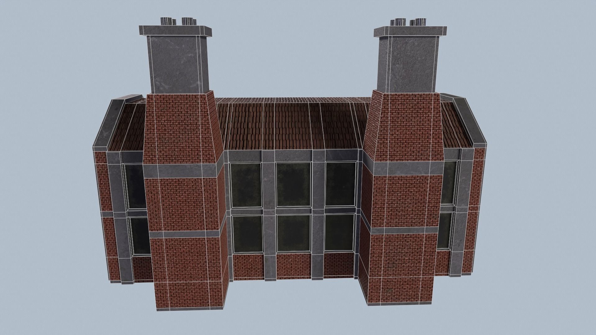 Factory brick building with two chimneys Low-poly 3D model_8