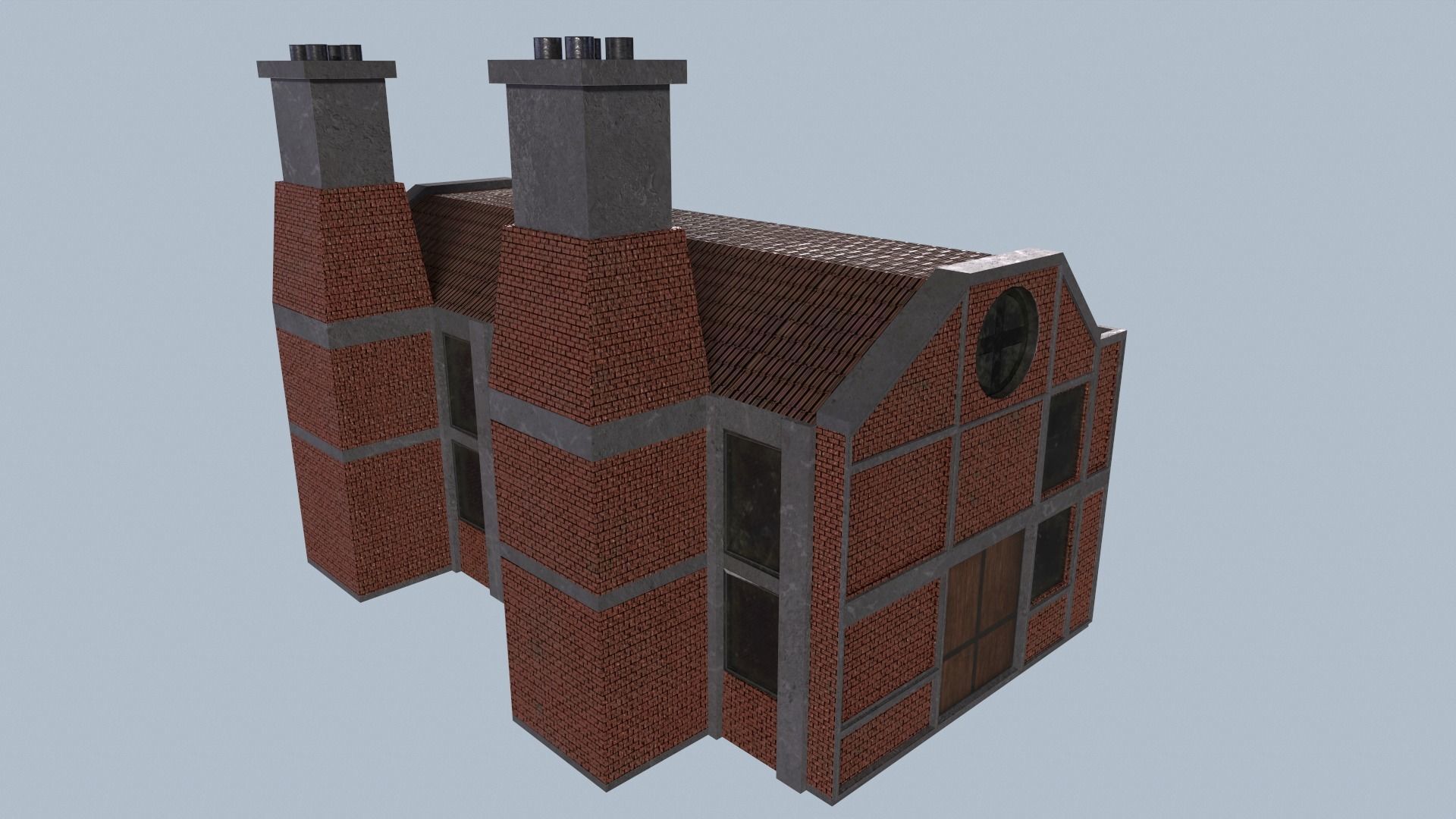 Factory brick building with two chimneys Low-poly 3D model_9