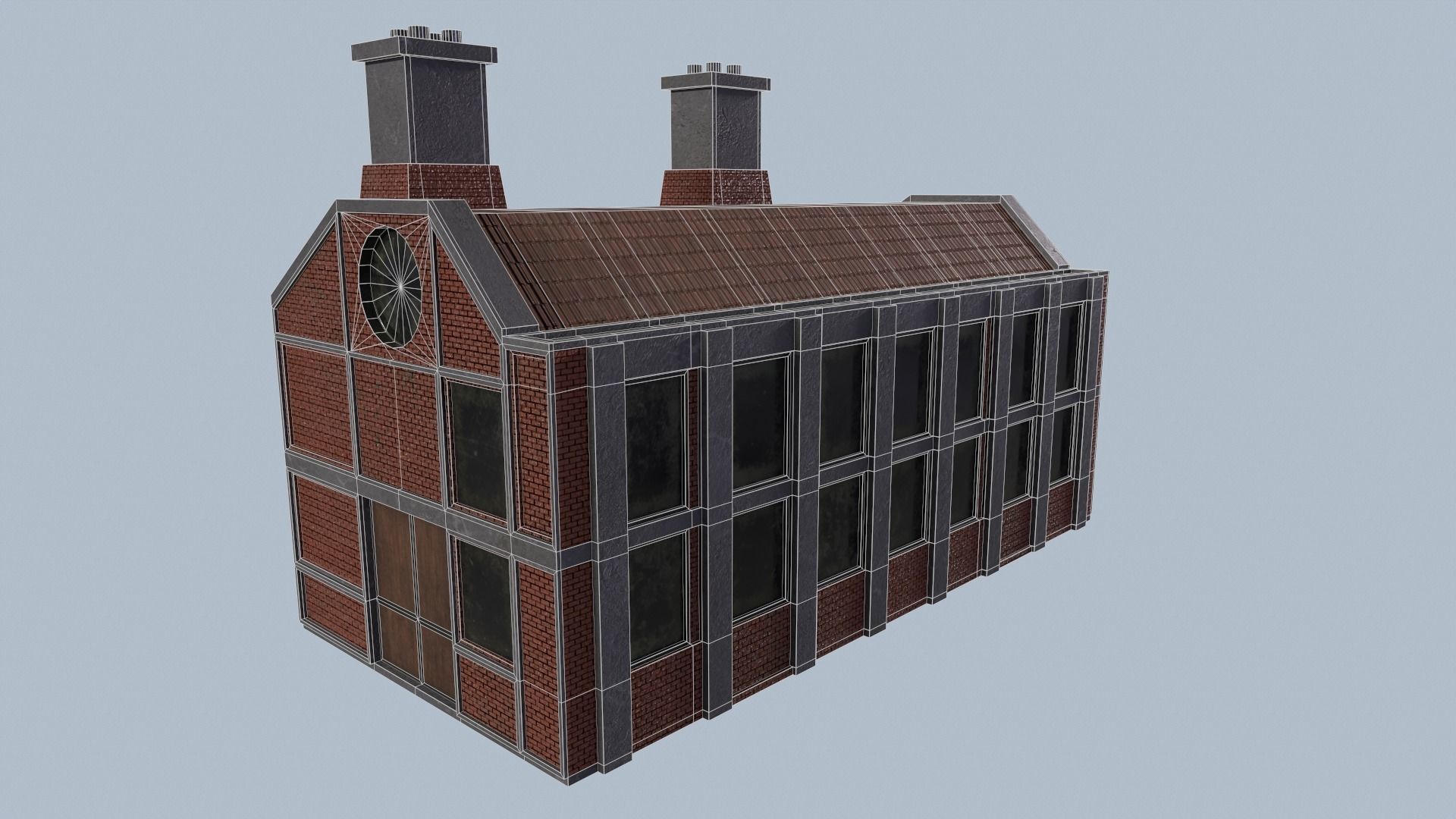 Factory brick building with two chimneys Low-poly 3D model_2