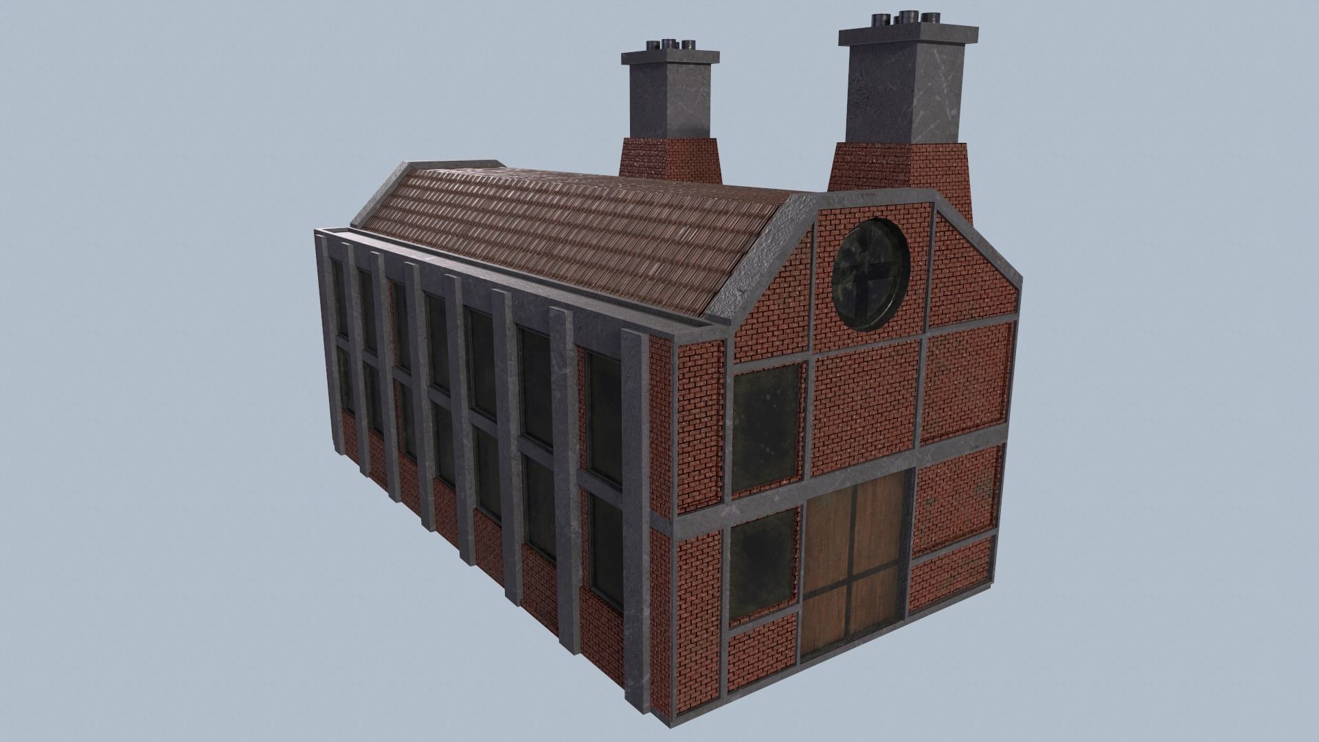 Factory brick building with two chimneys Low-poly 3D model_3