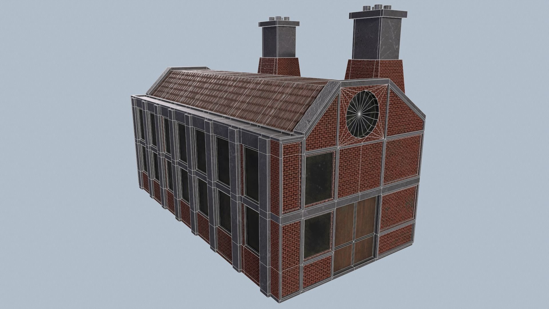 Factory brick building with two chimneys Low-poly 3D model_4