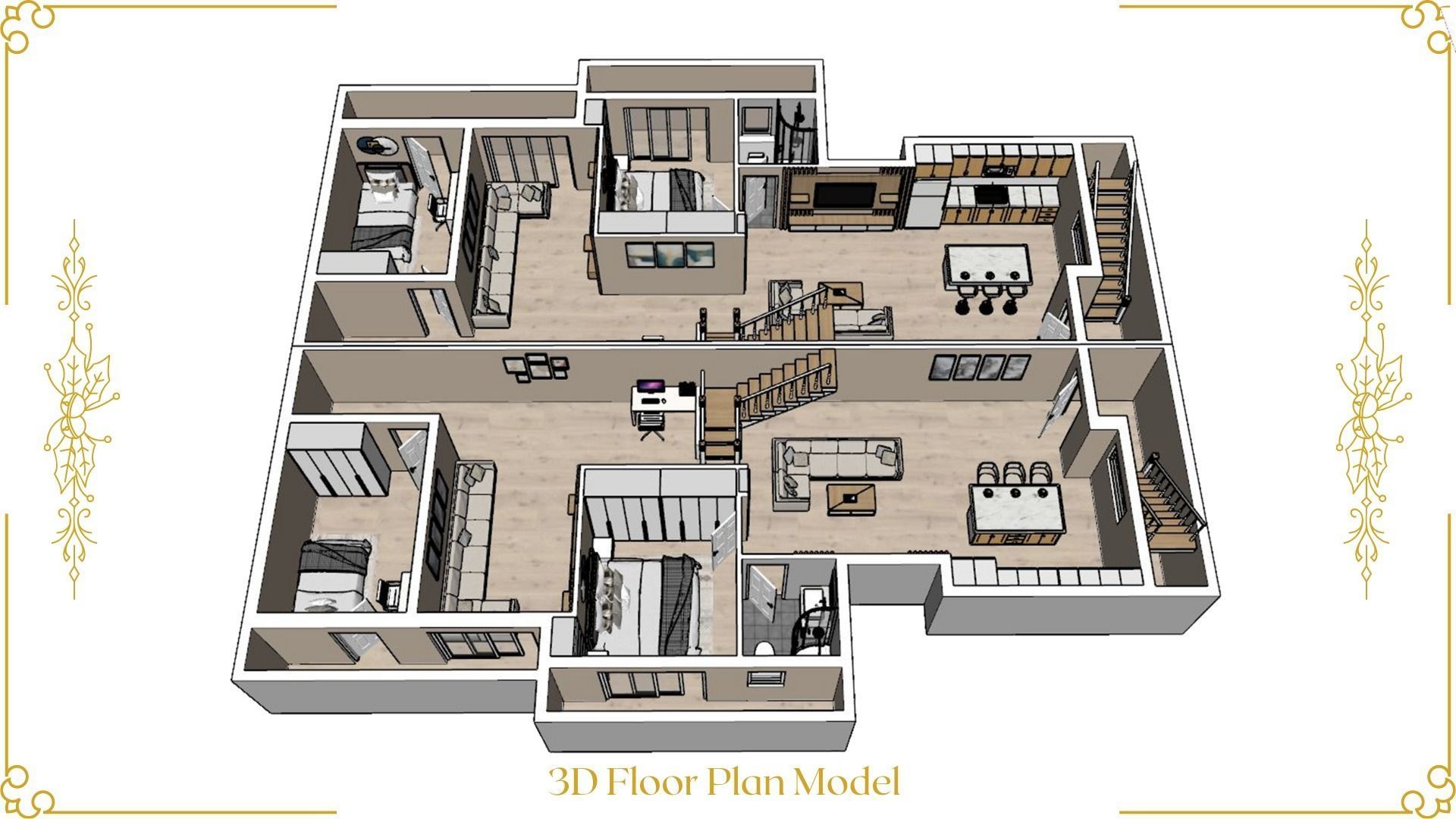 Set of Three 3D Floor Plans with Texture Furniture and Rendering 3D model_10