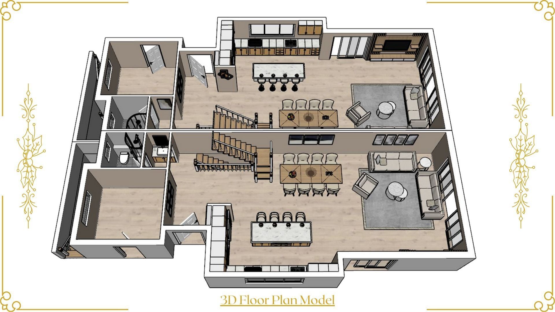 Set of Three 3D Floor Plans with Texture Furniture and Rendering 3D model_11