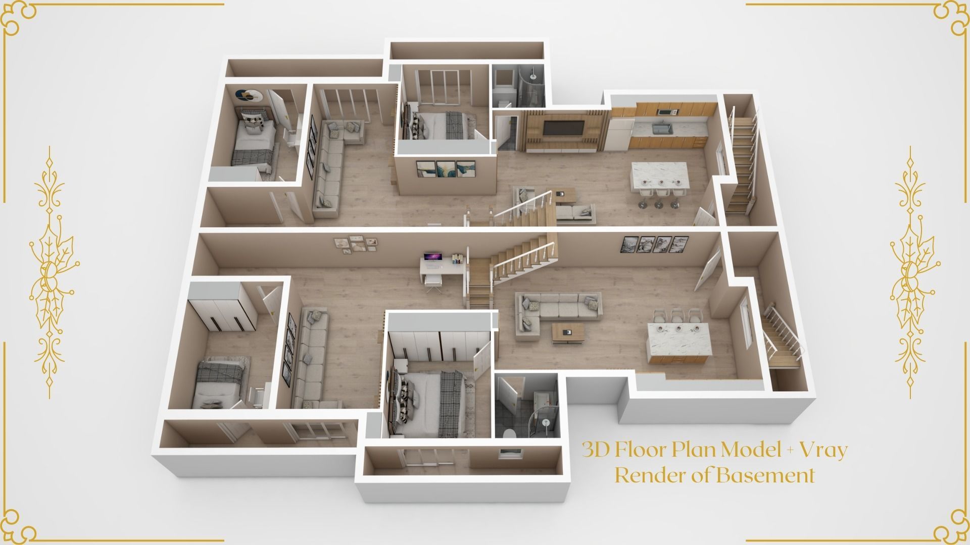 Set of Three 3D Floor Plans with Texture Furniture and Rendering 3D model_2