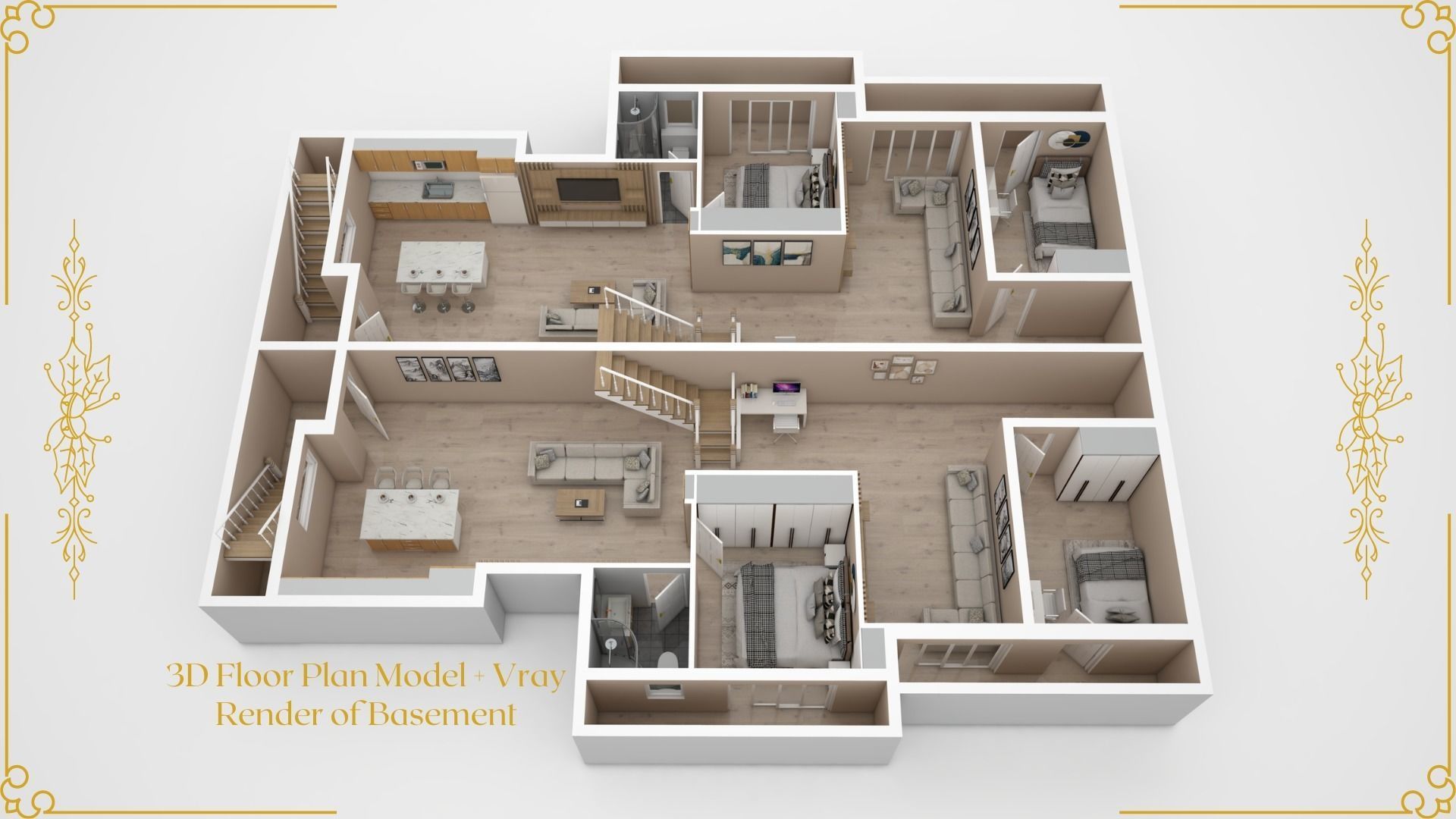 Set of Three 3D Floor Plans with Texture Furniture and Rendering 3D model_1