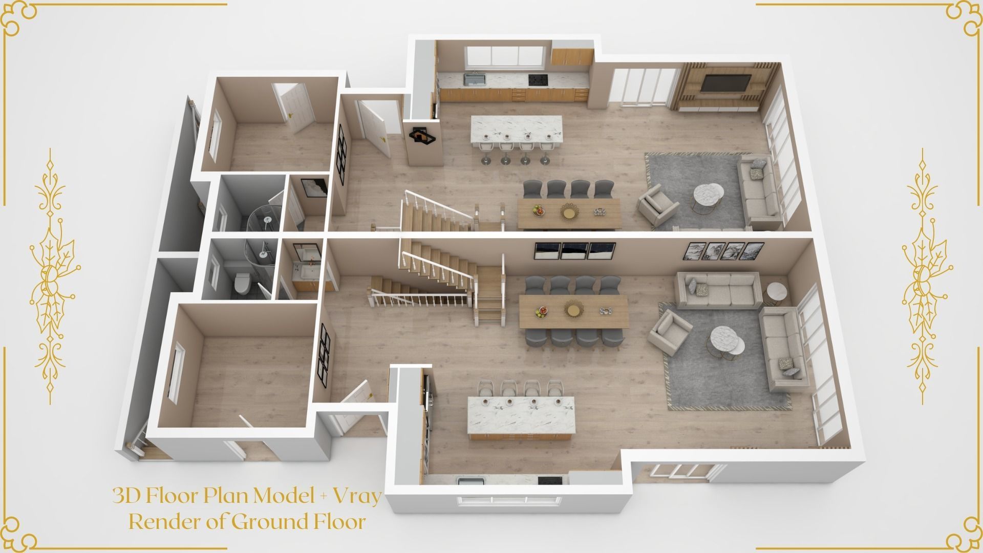 Set of Three 3D Floor Plans with Texture Furniture and Rendering 3D model_5