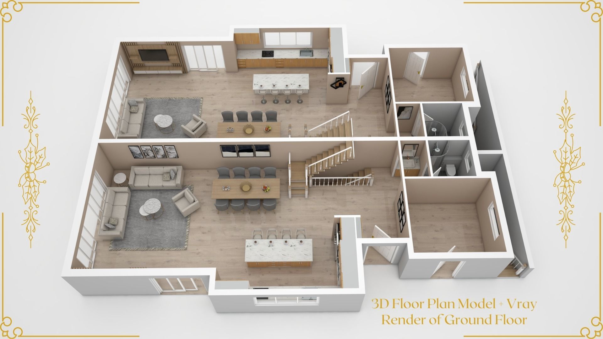 Set of Three 3D Floor Plans with Texture Furniture and Rendering 3D model_4