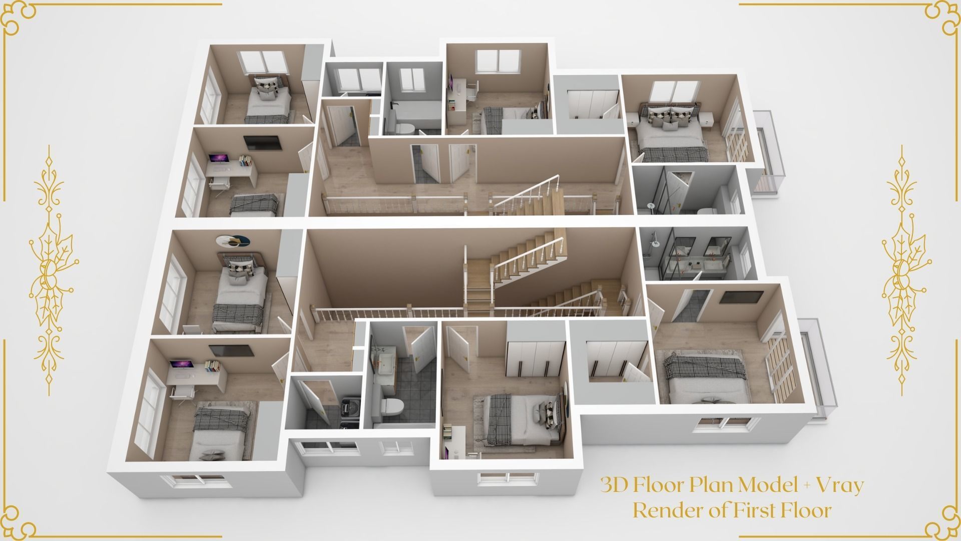Set of Three 3D Floor Plans with Texture Furniture and Rendering 3D model_7