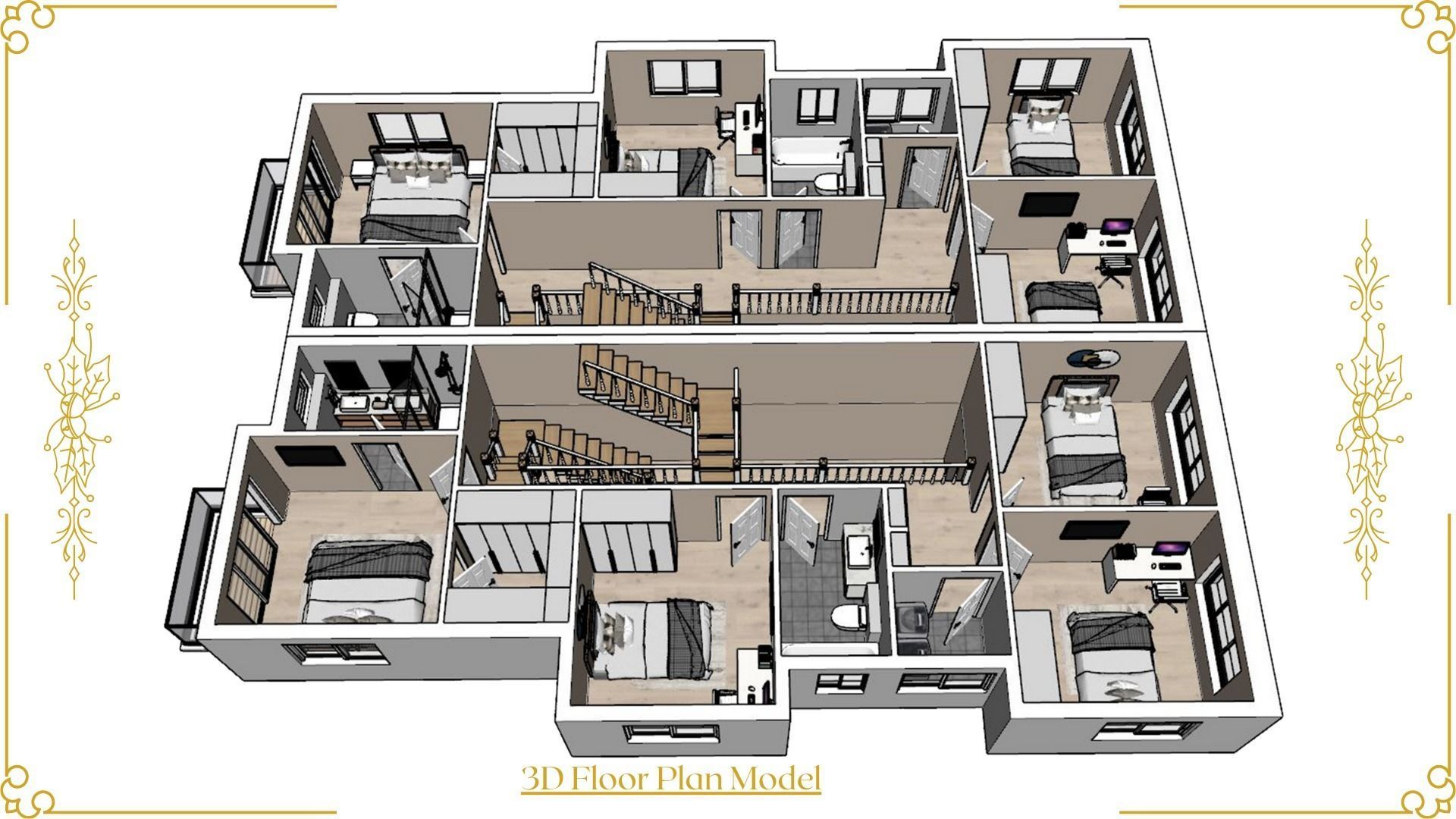 Set of Three 3D Floor Plans with Texture Furniture and Rendering 3D model_12