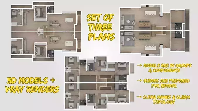 Set of Three 3D Floor Plans with Texture Furniture and Rendering 3D model
