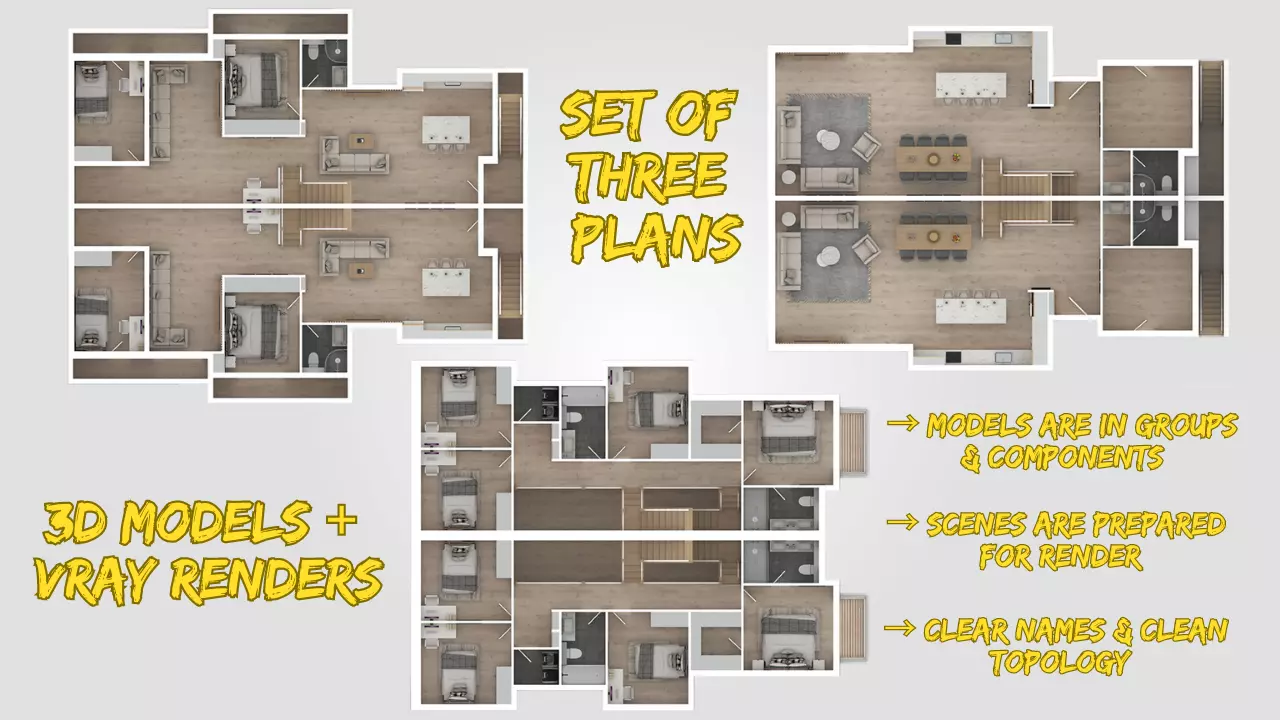 Set of Three 3D Floor Plans with Texture Furniture and Rendering 3D model_0