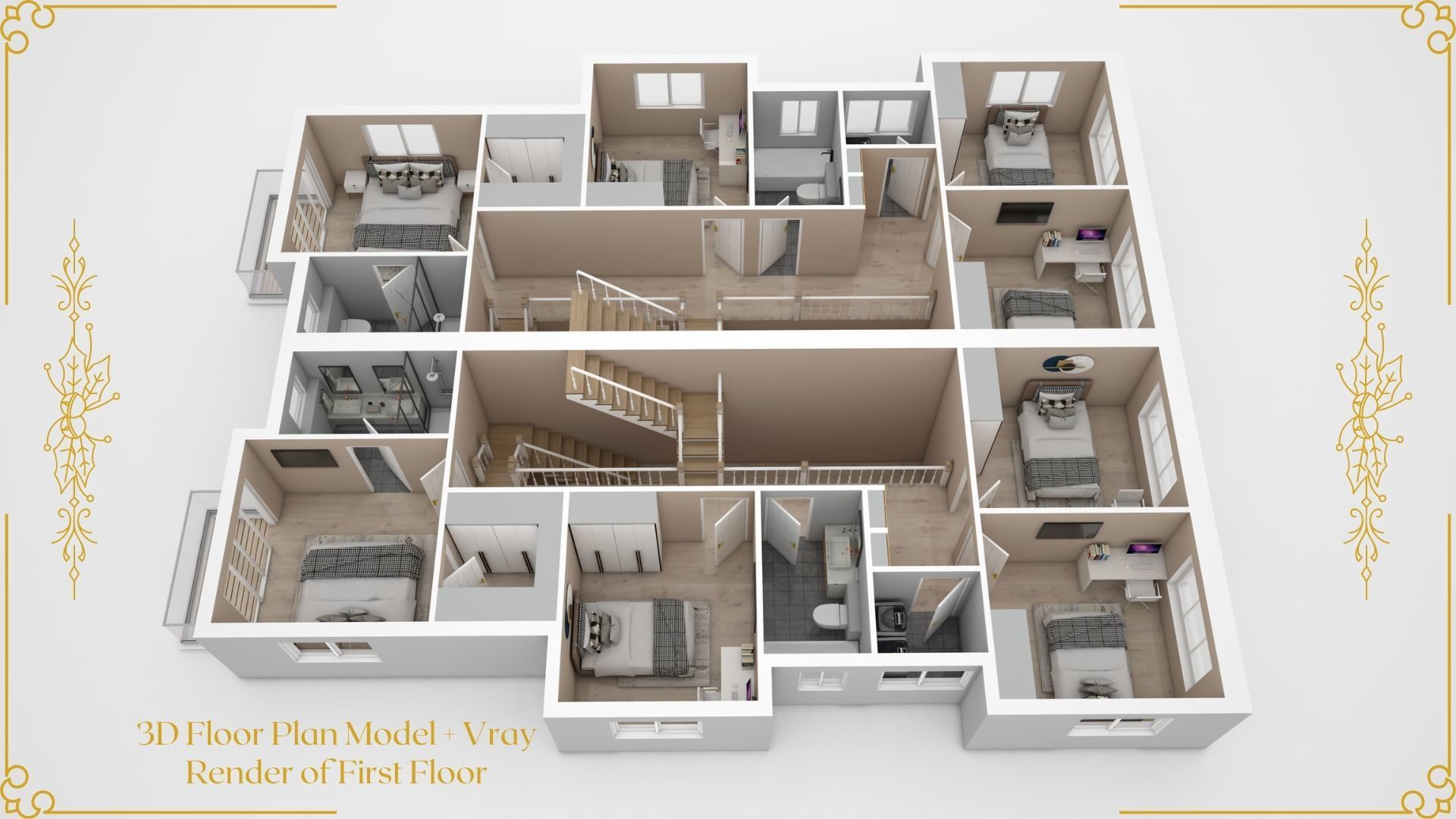 Set of Three 3D Floor Plans with Texture Furniture and Rendering 3D model_8