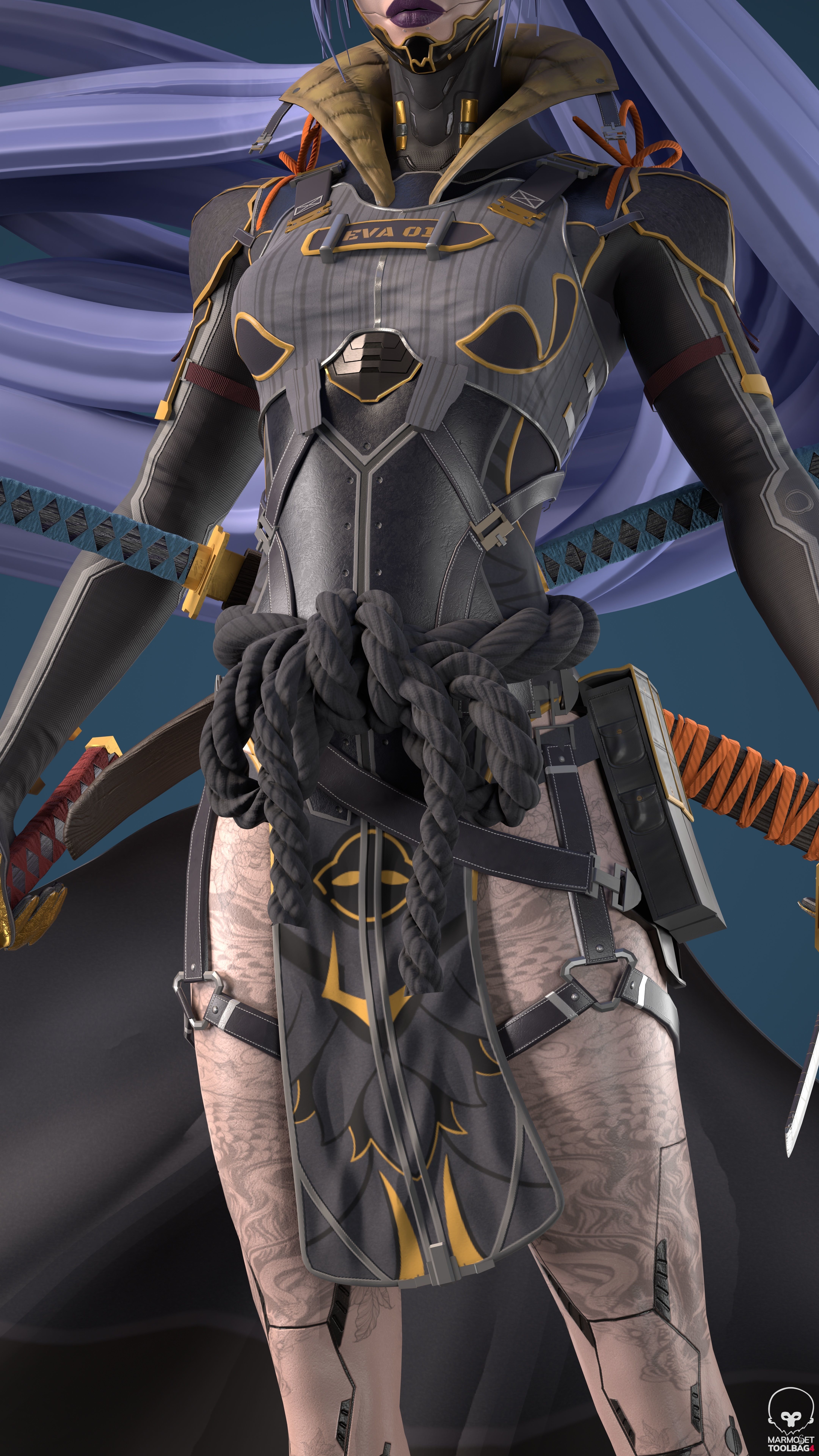 Cyberninja female character Low-poly 3D model_3