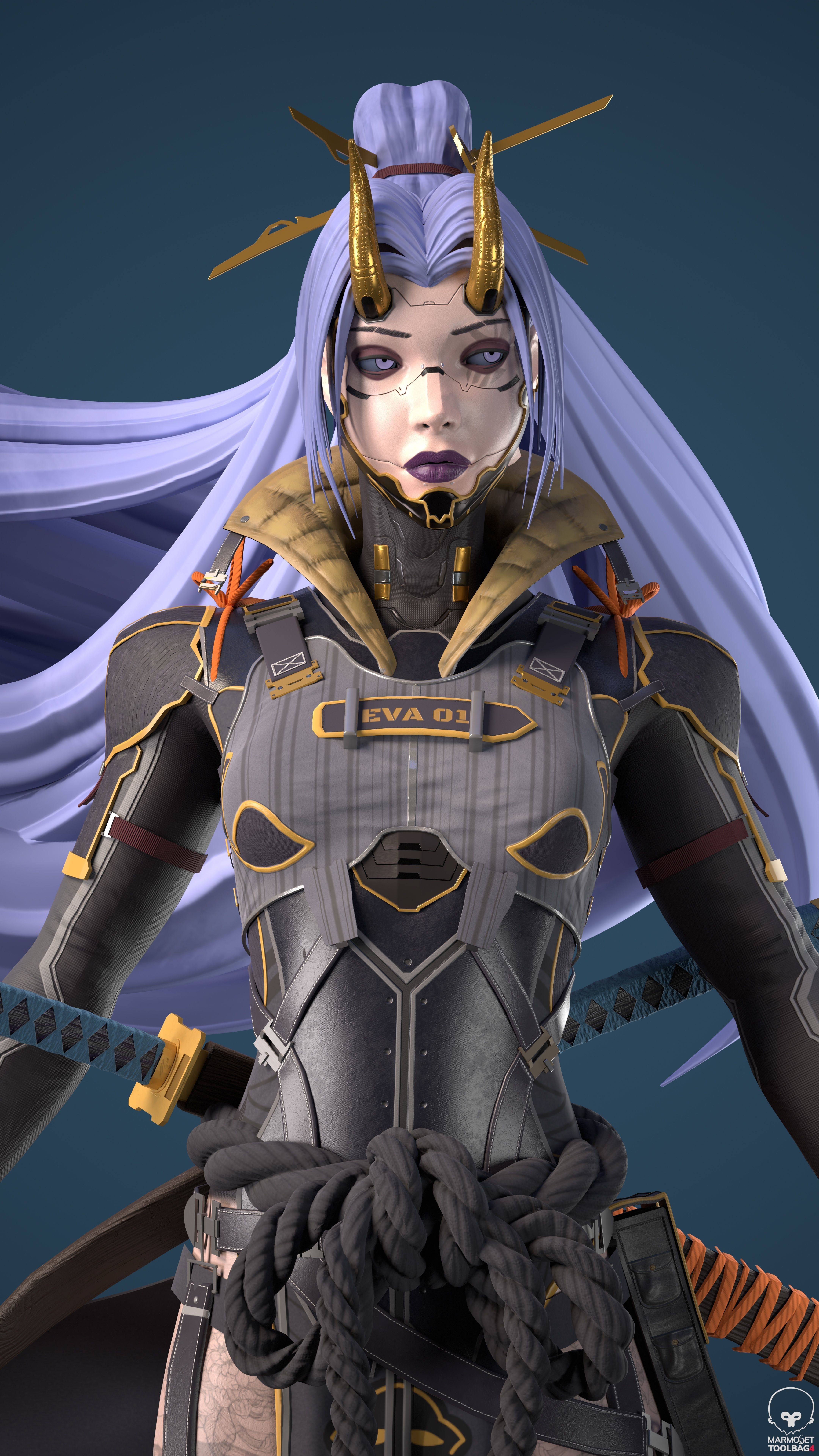 Cyberninja female character Low-poly 3D model_2