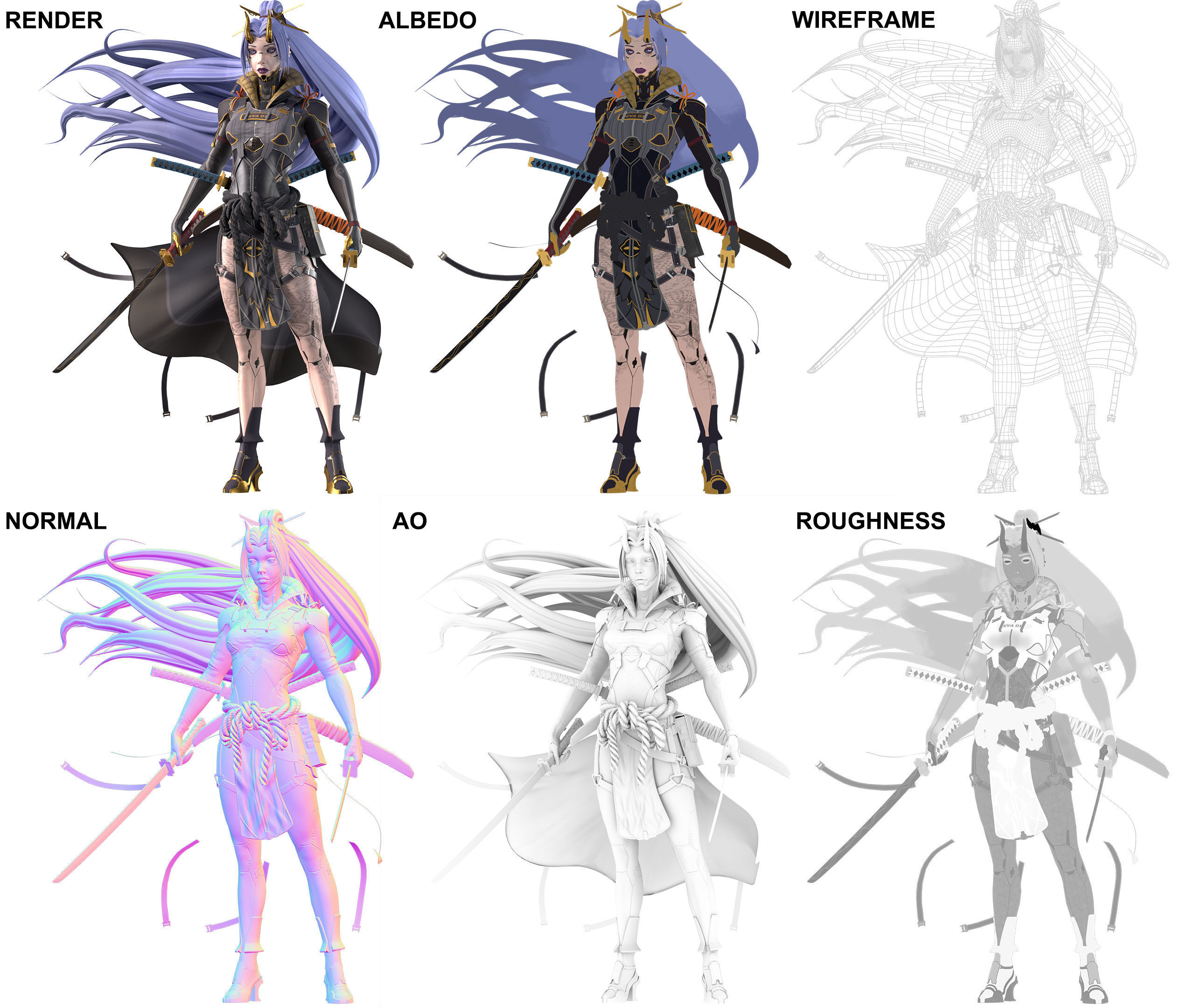 Cyberninja female character Low-poly 3D model_5