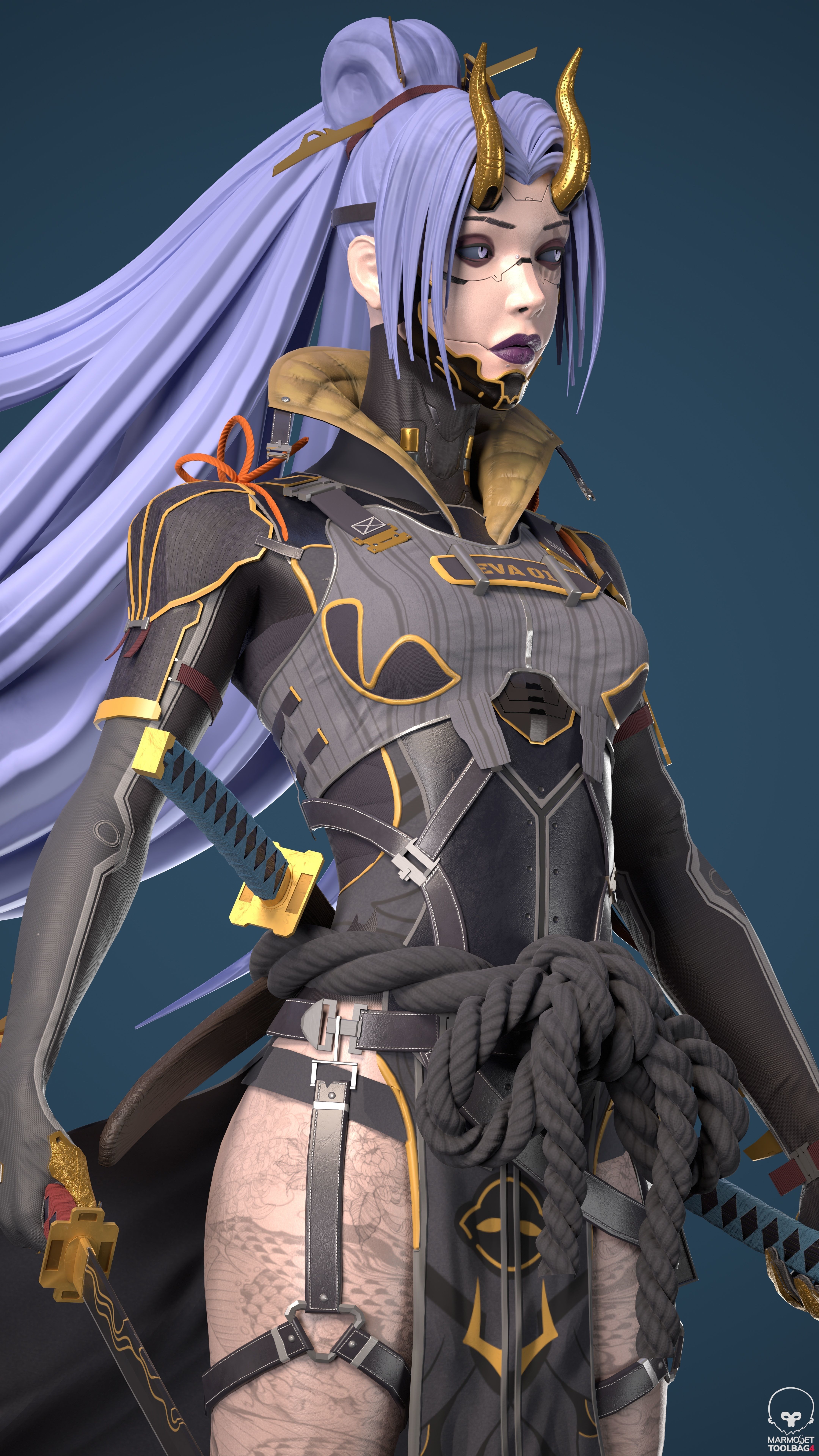 Cyberninja female character Low-poly 3D model_4