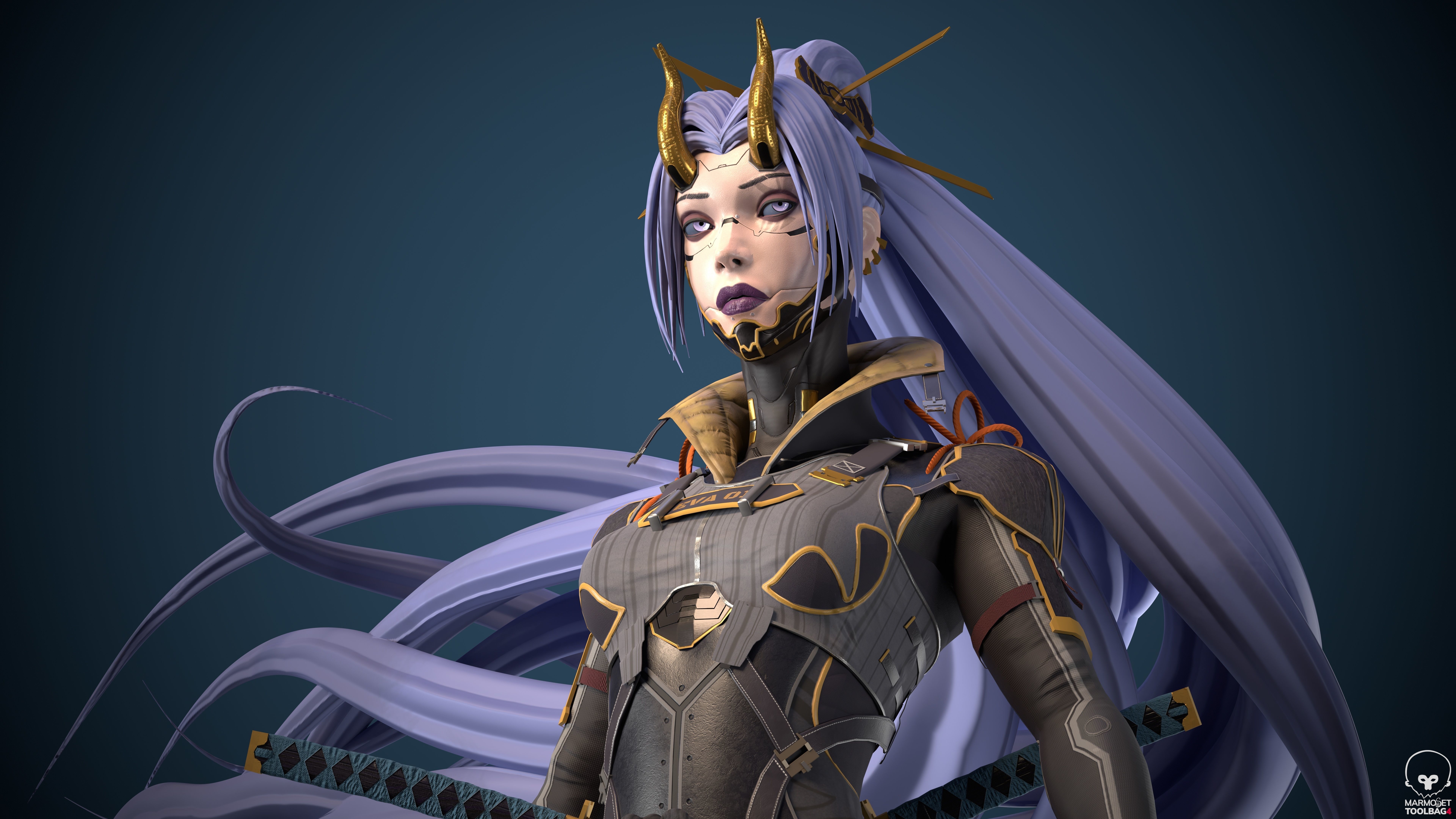 Cyberninja female character Low-poly 3D model_1