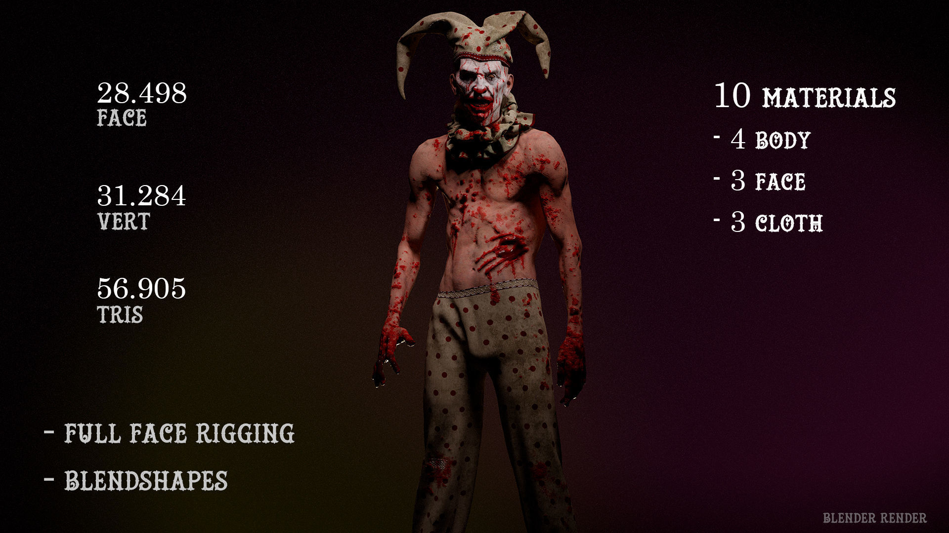 Scary Clown for horror games Low-poly 3D model_14