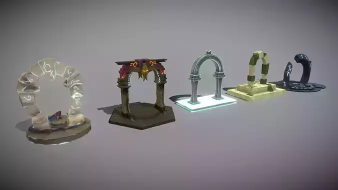 5 Portals ornate arch with golden statue on top Low-poly 3D model