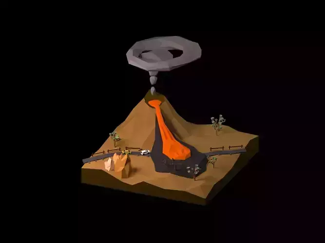 Low poly landscape volcano with lava Low-poly 3D model