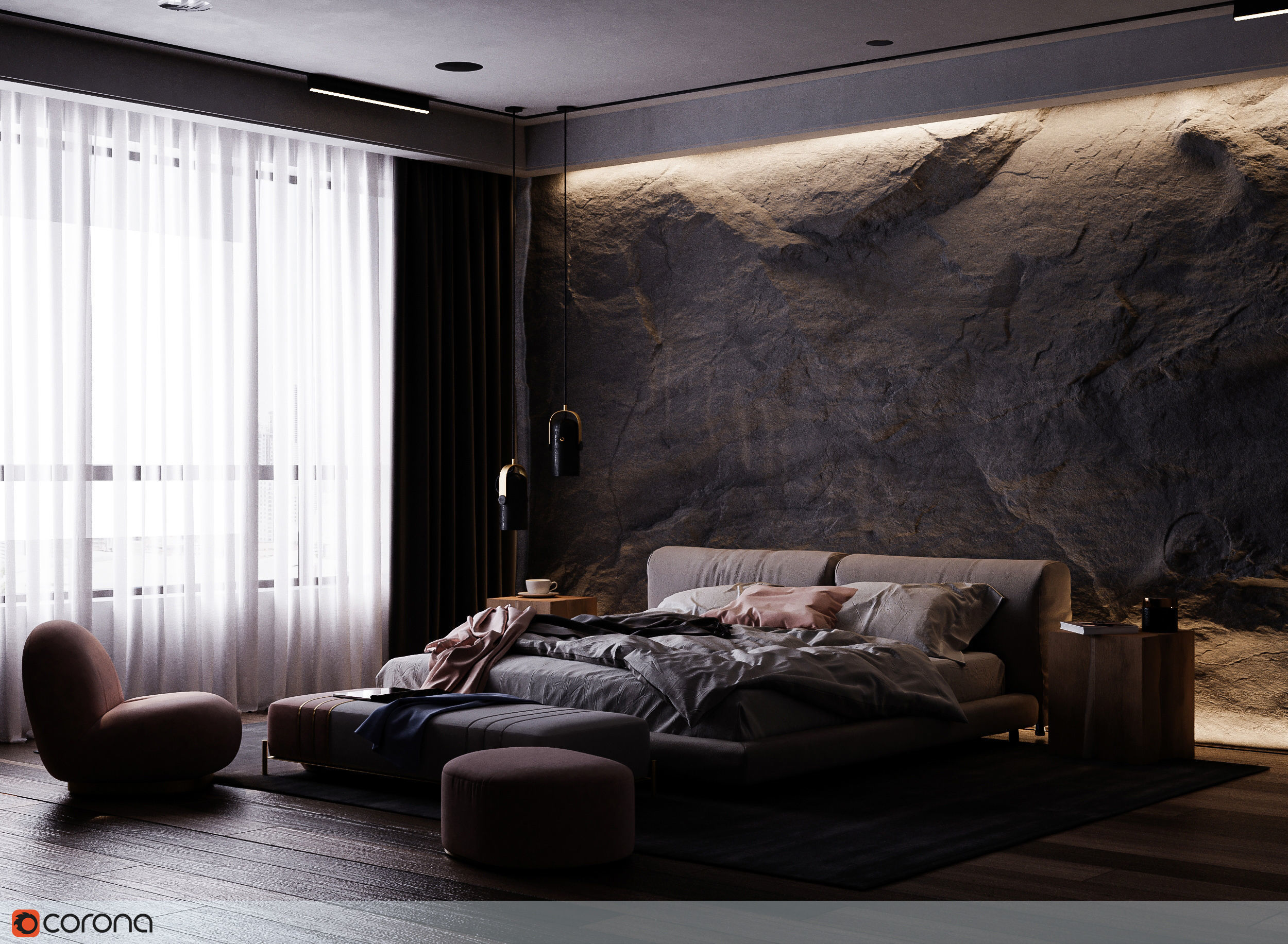 Rock Bedroom interior scene 3D model 3D model_2