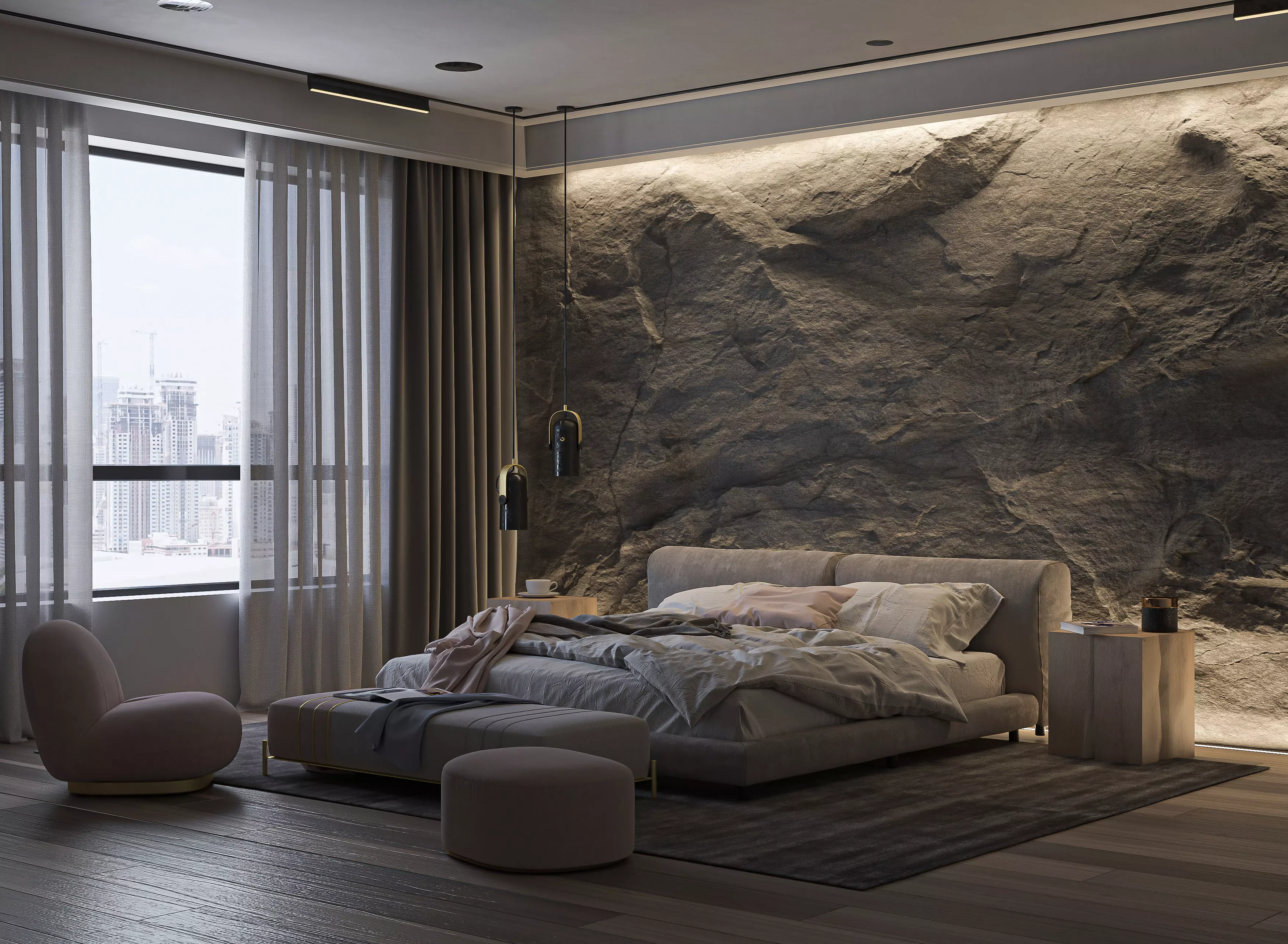Rock Bedroom interior scene 3D model 3D model_0