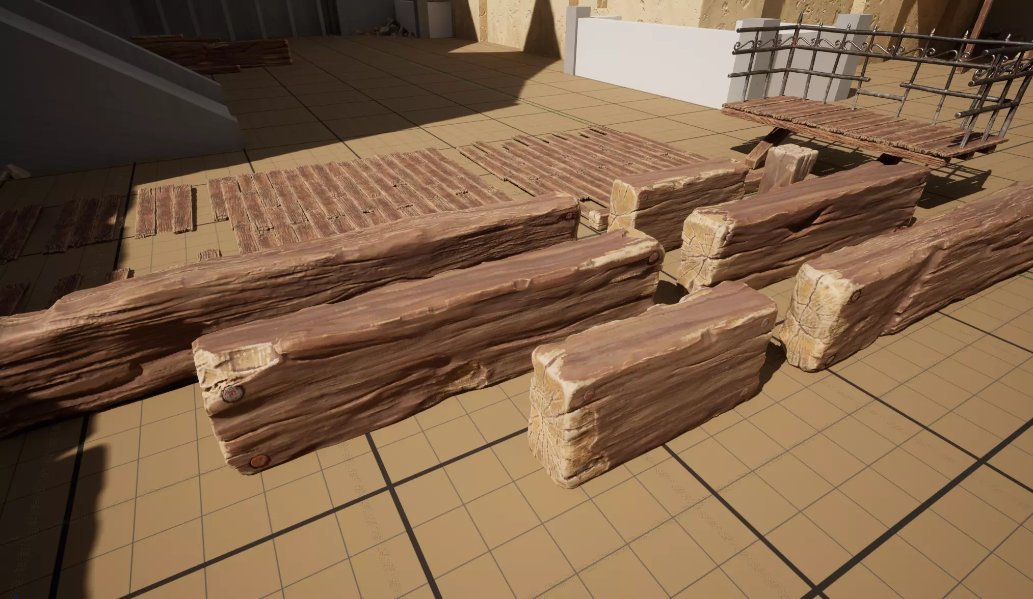 Wooden beams planks floor and balcony pack Low-poly 3D model_0
