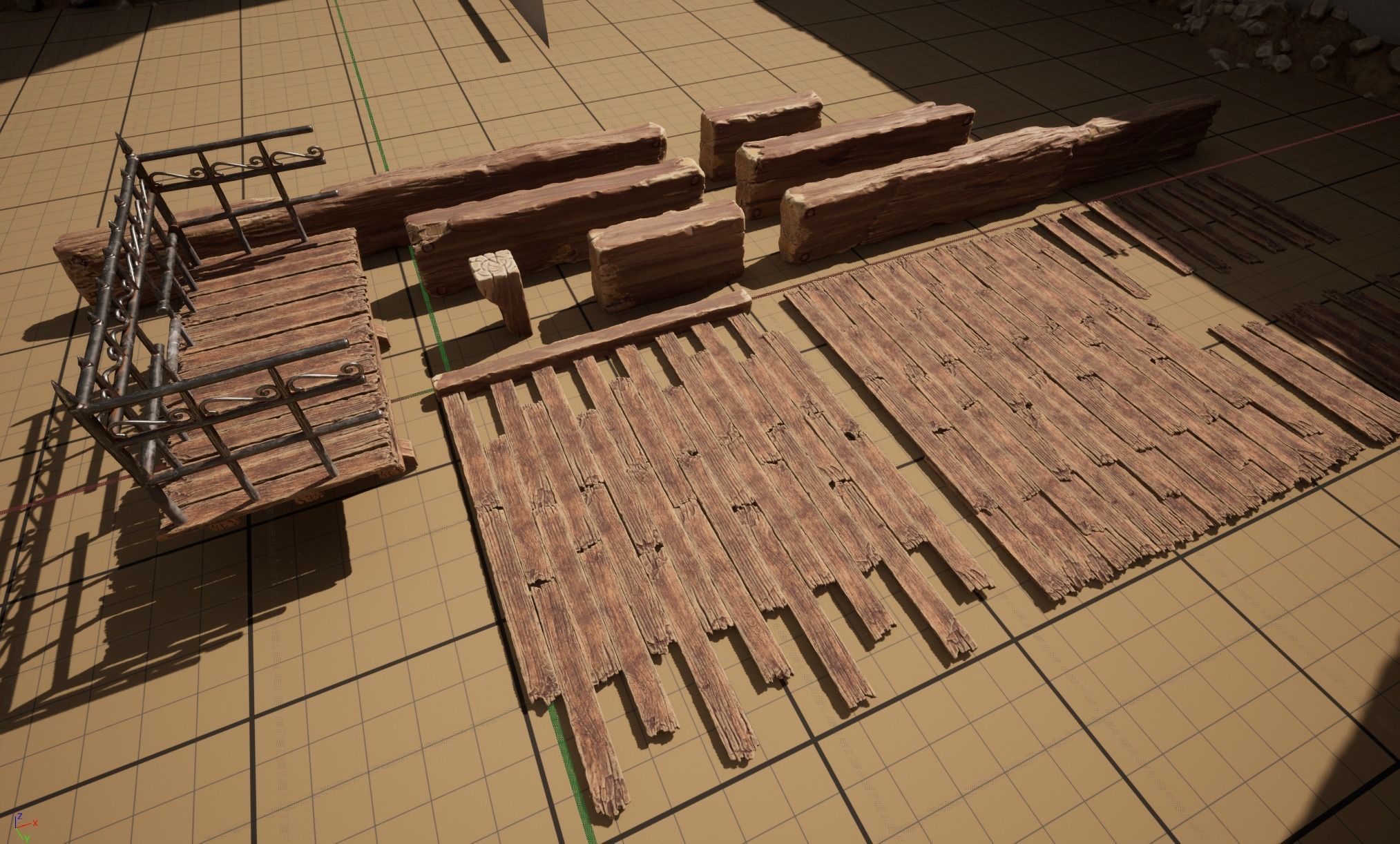 Wooden beams planks floor and balcony pack Low-poly 3D model_1