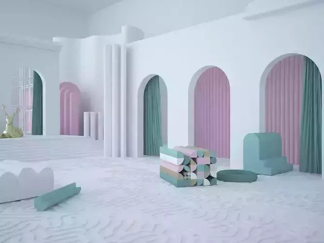 Sci fi scene with arched walls and geometric shapes