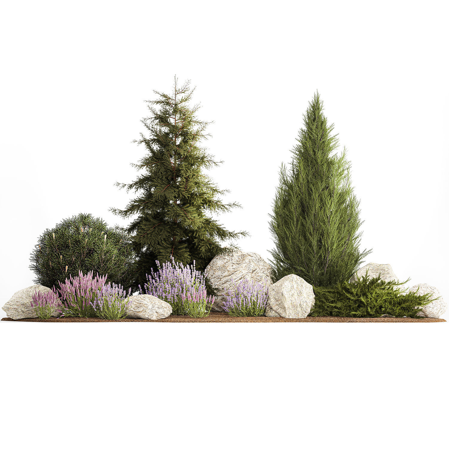 Alpine slide with thuja spruce lavender bushes and stones 1195 3D model_1