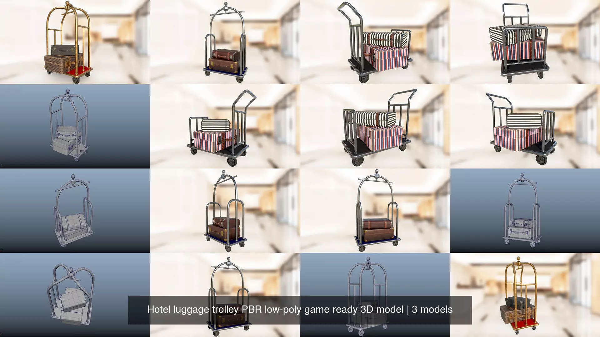 Hotel luggage trolley PBR low-poly game ready 3D model 3D Model Collection_0