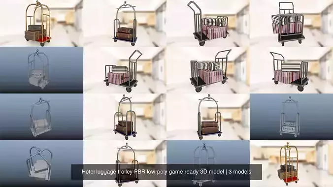 Hotel luggage trolley PBR low-poly game ready 3D model