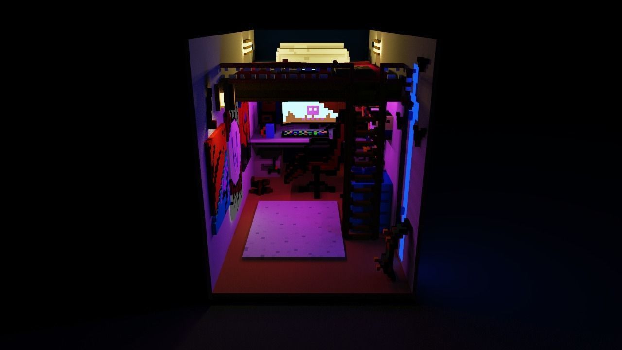 gameROOM room with lights and computer Free low-poly 3D model_2