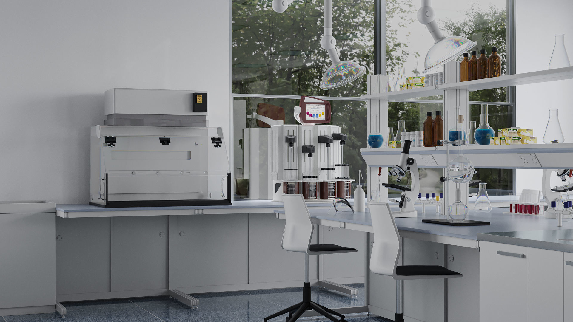 Laboratory with tables and chairs 3D model_2