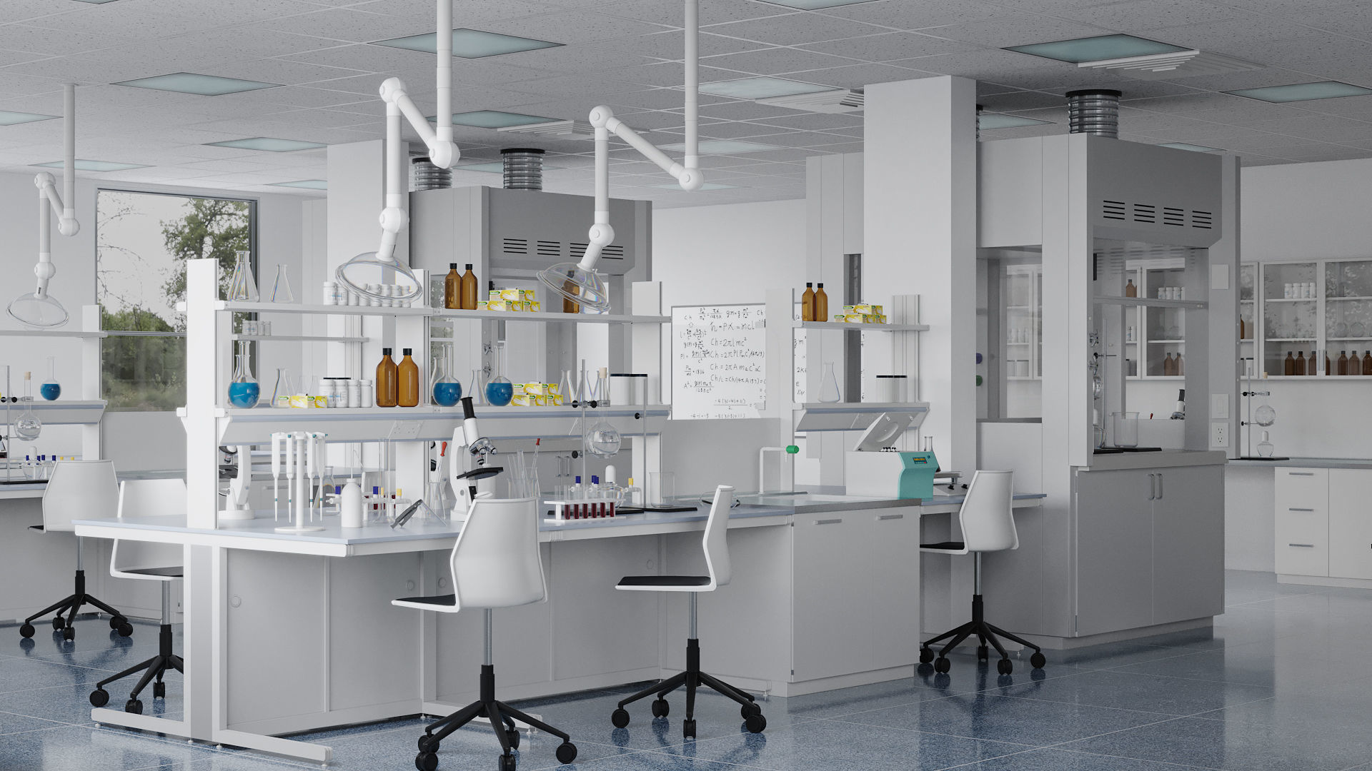 Laboratory with tables and chairs 3D model_0