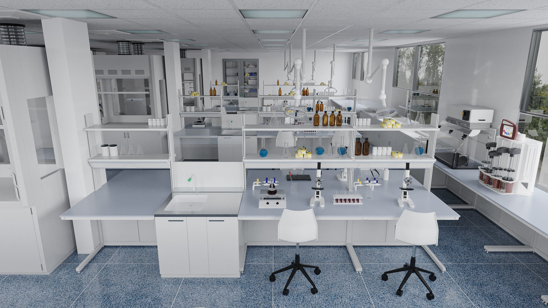 Laboratory with tables and chairs 3D model_4