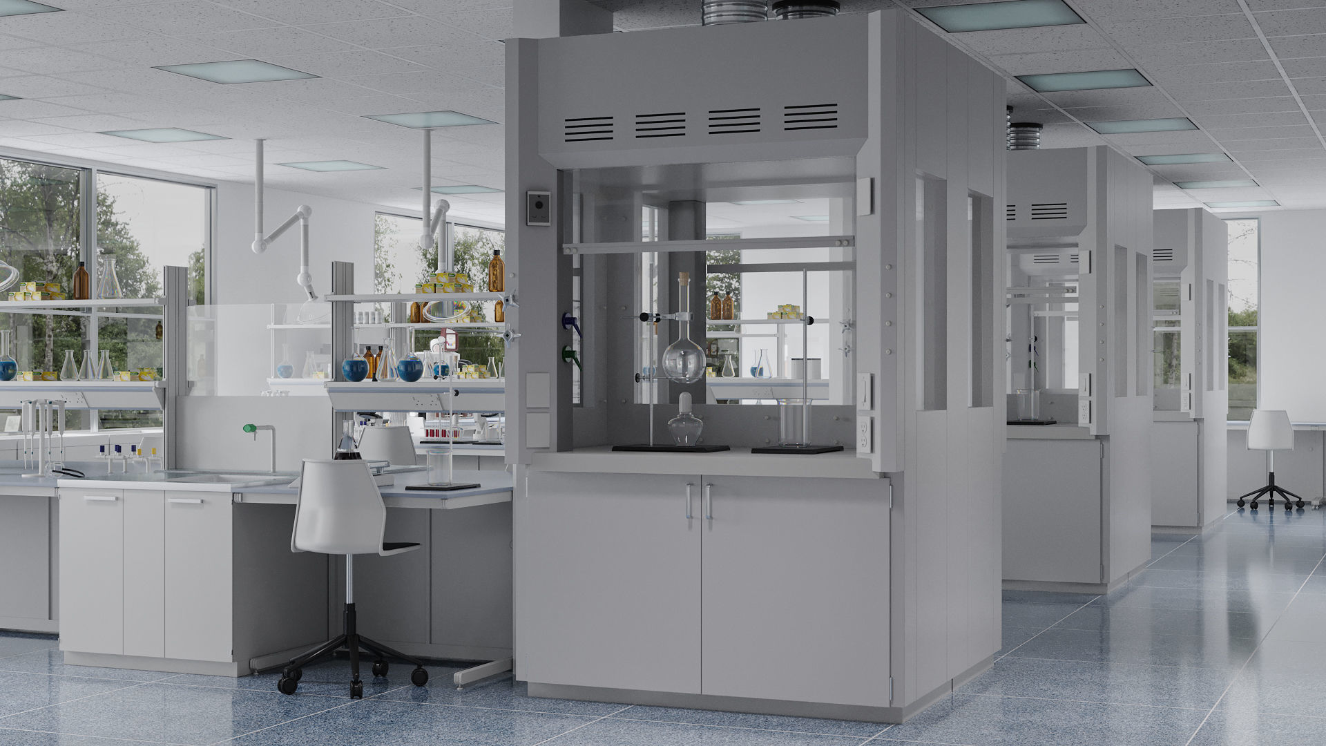 Laboratory with tables and chairs 3D model_1