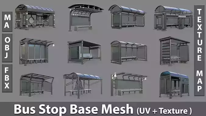 12 Bus Stop Base Mesh with UVs and Textures Vol 1
