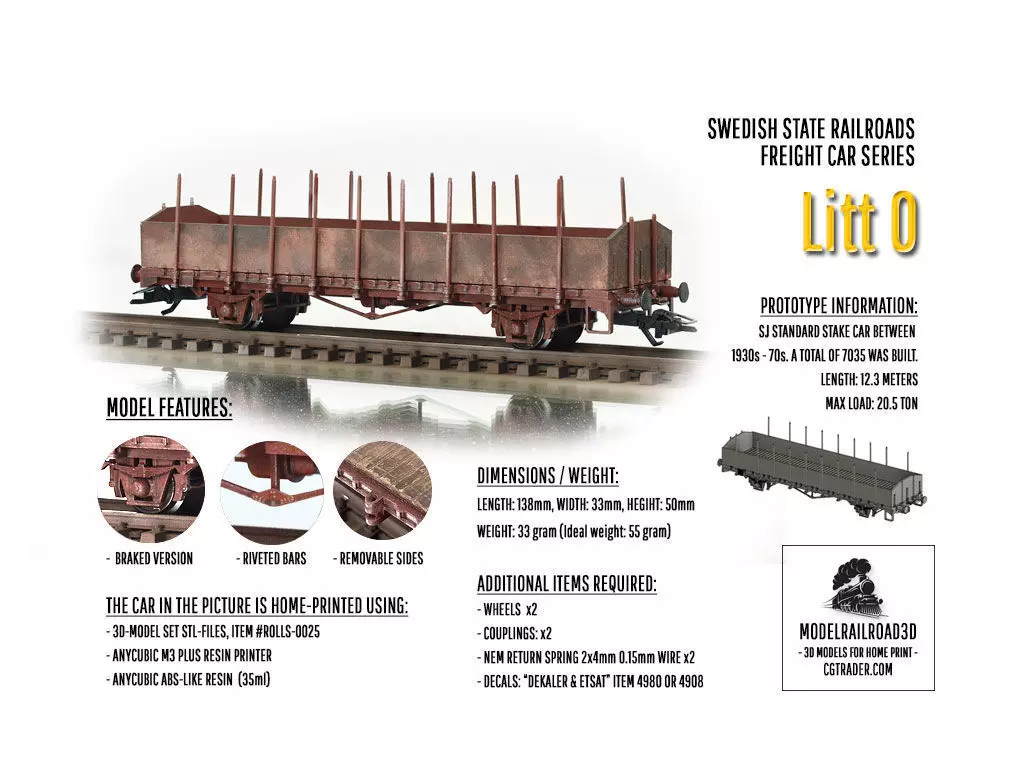 ROLLS-0025 Swedish SJ Litt O Stake Car H0-scale 3D print model