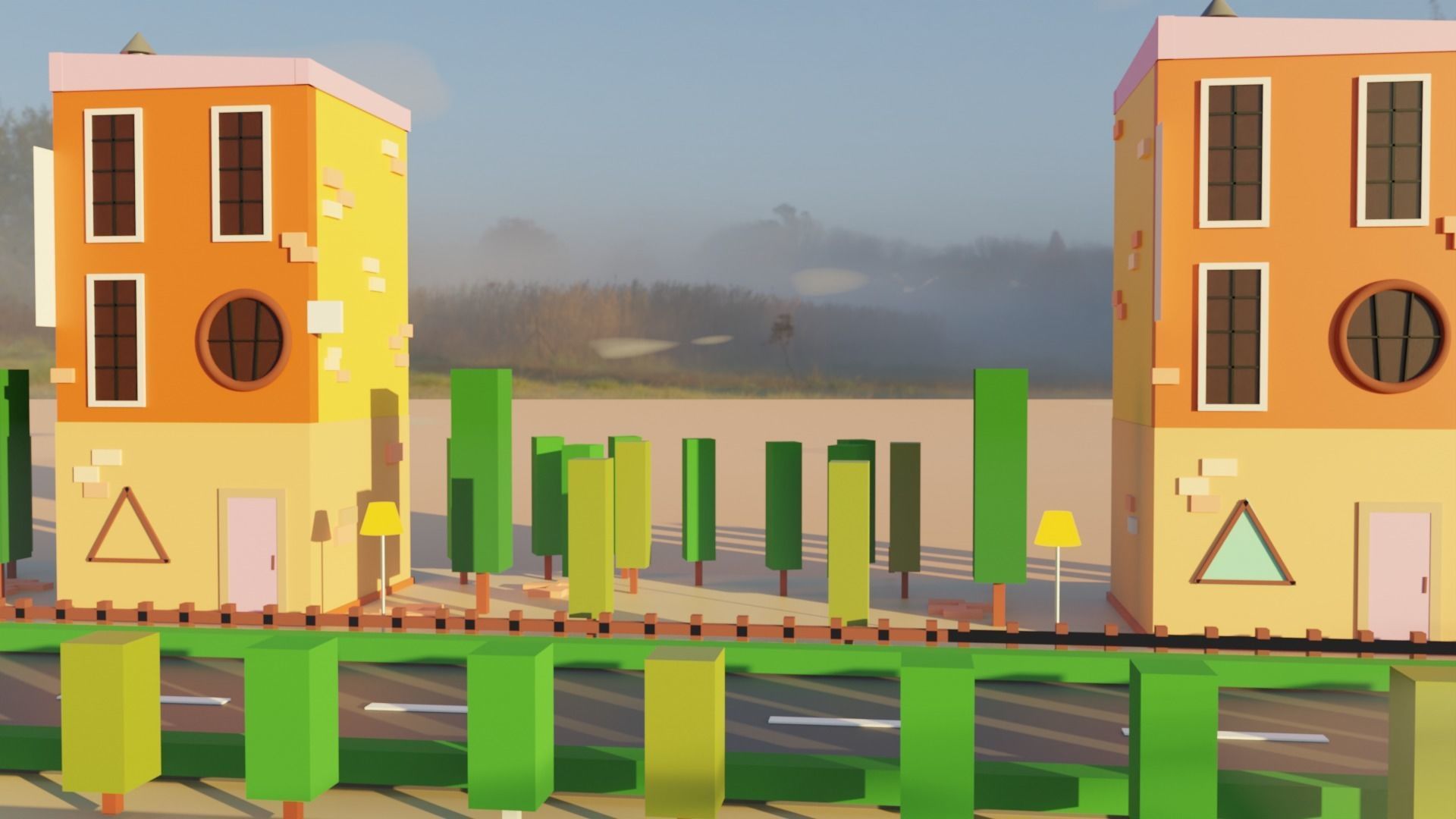 Low poly building city with houses and trees Low-poly 3D model_2