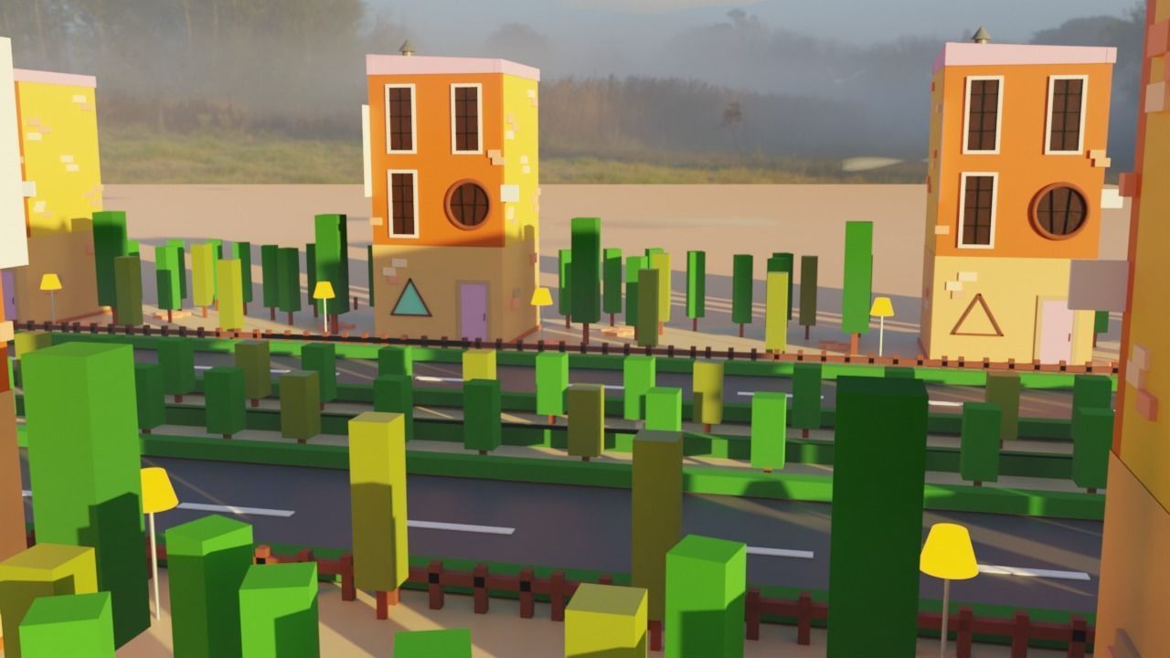Low poly building city with houses and trees Low-poly 3D model_1