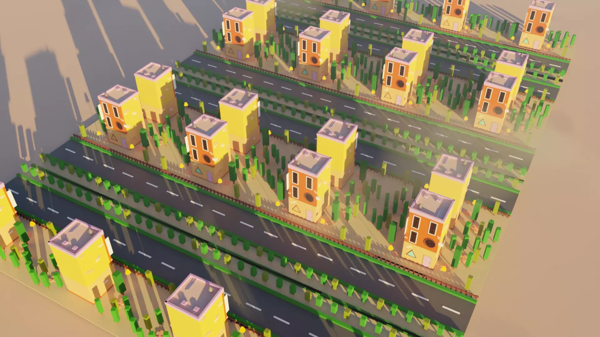 Low poly building city with houses and trees Low-poly 3D model_0