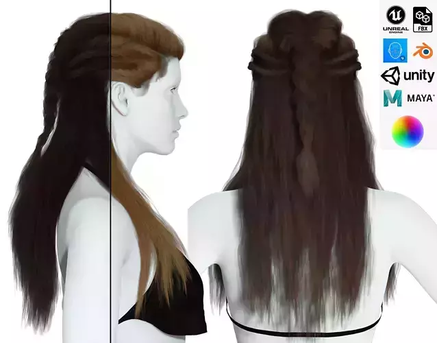 Realistic Female Long hair colorable cards Low-poly 3D model
