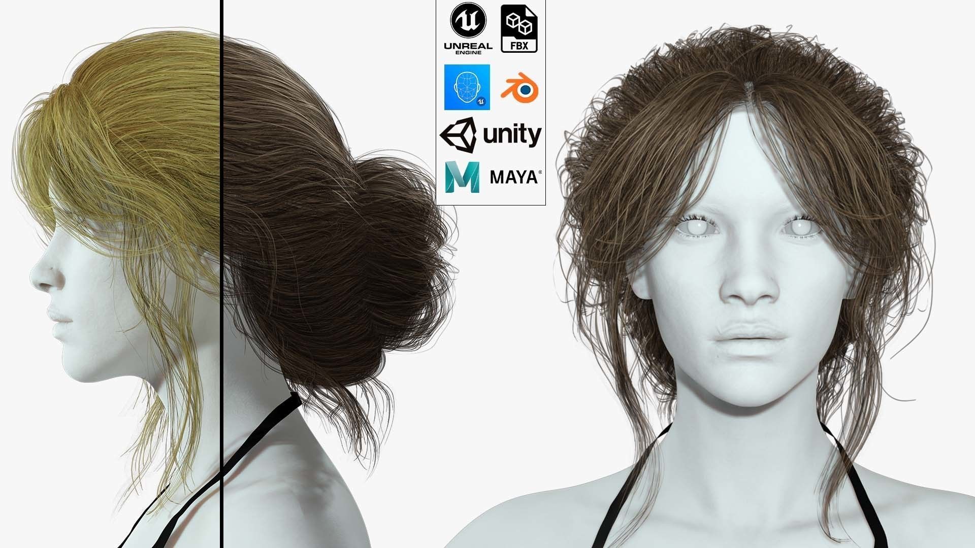 Female hair poly cards realistic Low-poly 3D model_1