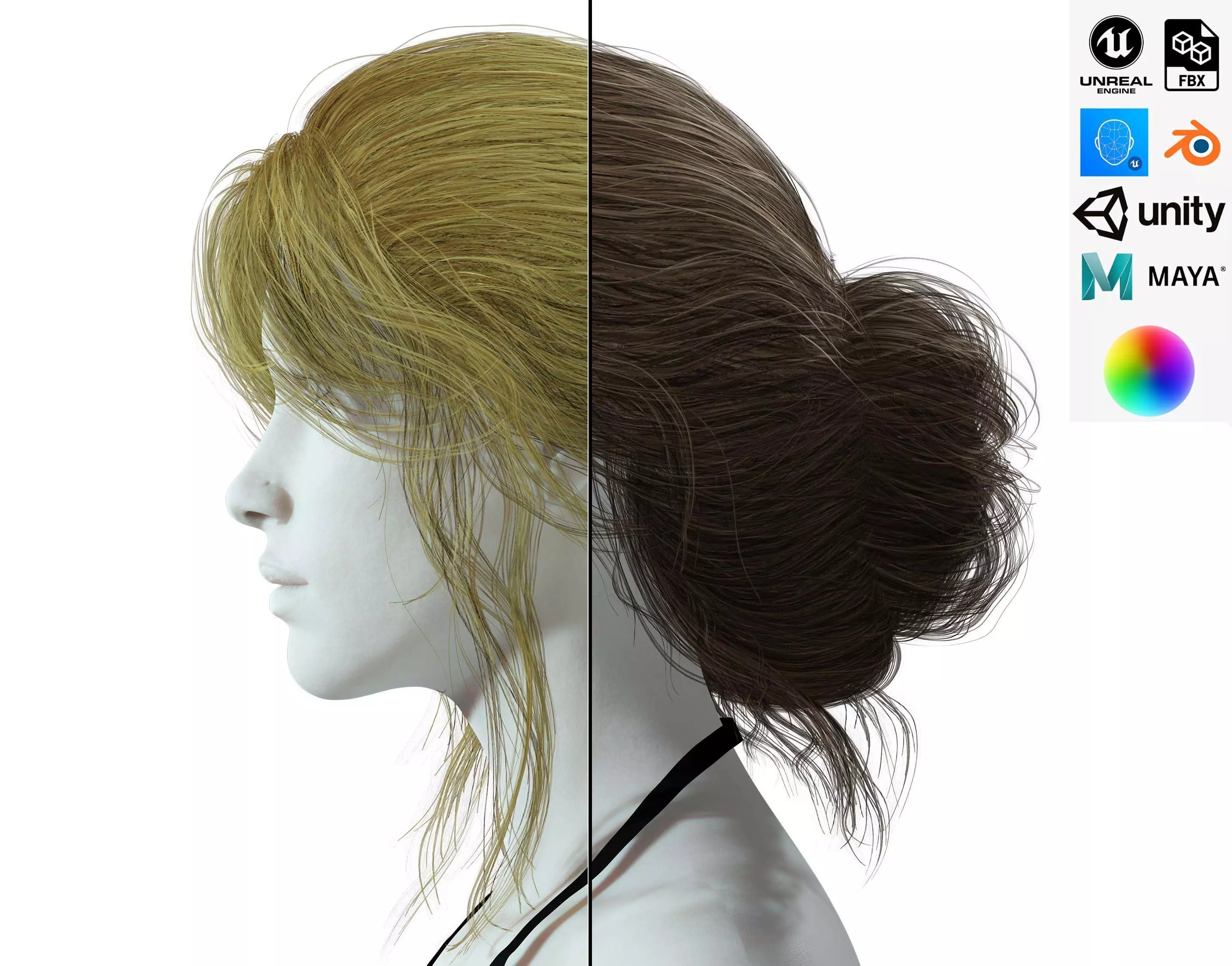 Female hair poly cards realistic Low-poly 3D model_0