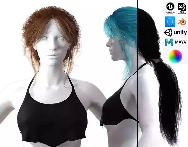 Realistic Female hair long tail  Low-poly 3D model