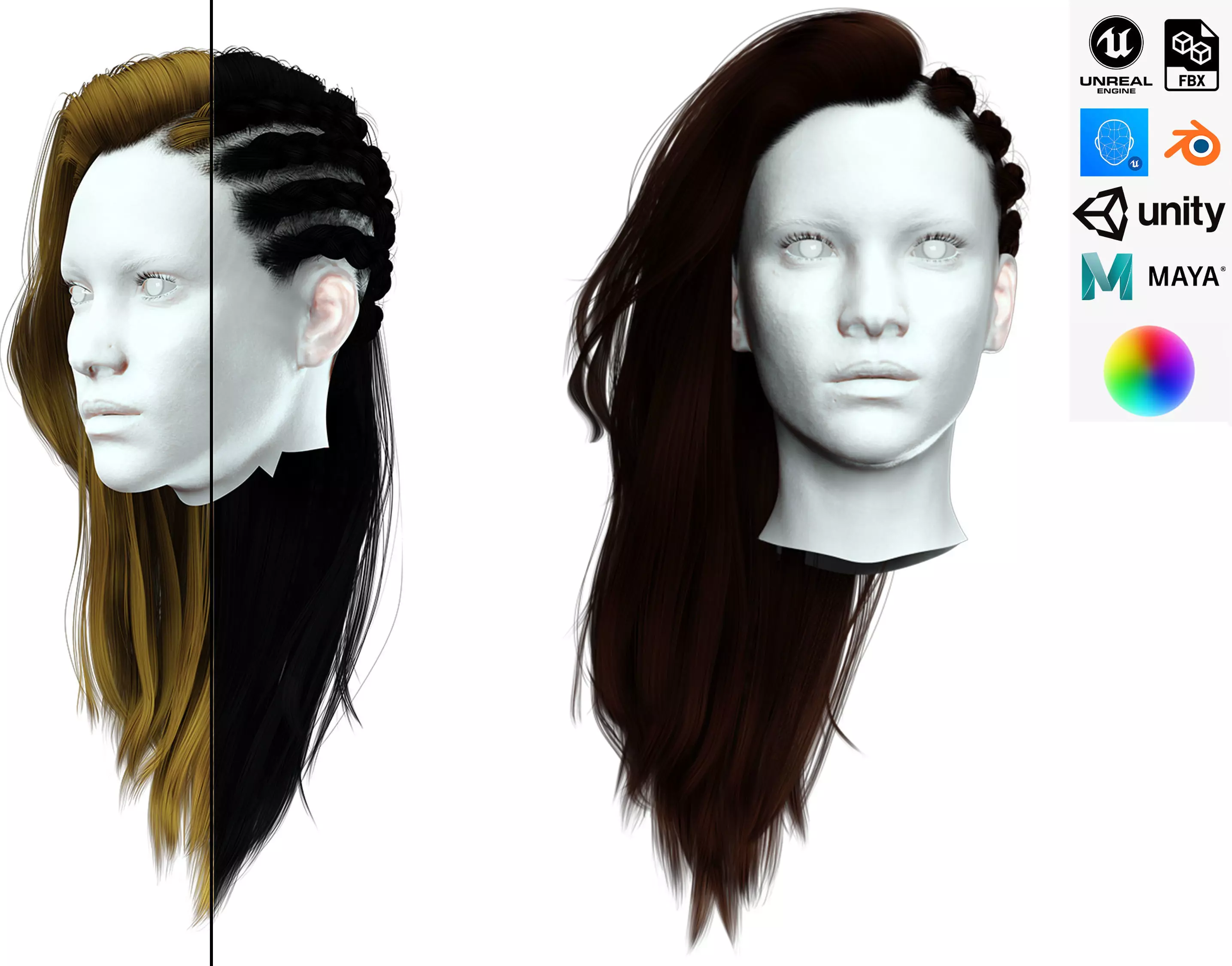 Realistic Female hair game cards  Low-poly 3D model_0